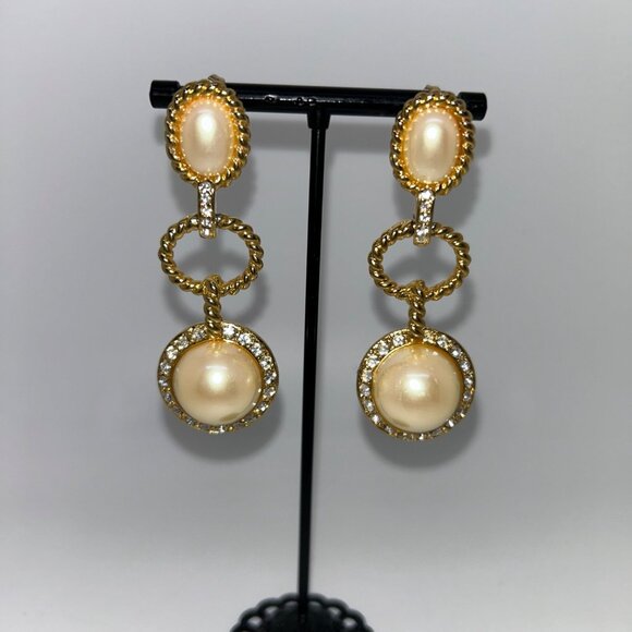 Gold-Tone Dangling Earrings With Faux Pearls & Rhinestone Accents - 2.75 Inch Le - Picture 5 of 14